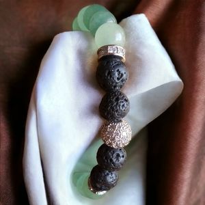 Green Aventurine  Gemstone & Lava Stone Handcrafted Braceket with Silver Accents